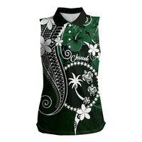 FSM Chuuk Women Sleeveless Polo Shirt Turtle Tropical Flowers Polynesian - Green LT14 Female Green - Polynesian Pride