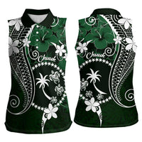 FSM Chuuk Women Sleeveless Polo Shirt Turtle Tropical Flowers Polynesian - Green LT14 - Polynesian Pride