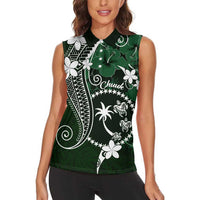 FSM Chuuk Women Sleeveless Polo Shirt Turtle Tropical Flowers Polynesian - Green LT14 - Polynesian Pride