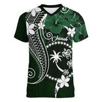 FSM Chuuk Women V-Neck T-Shirt Turtle Tropical Flowers Polynesian - Green LT14 Female Green - Polynesian Pride