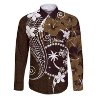 FSM Chuuk Family Matching Off The Shoulder Long Sleeve Dress and Hawaiian Shirt Turtle Tropical Flowers Polynesian - Brown LT14 Dad's Shirt - Long Sleeve Brown - Polynesian Pride