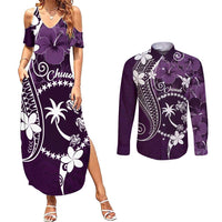 FSM Chuuk Couples Matching Summer Maxi Dress and Long Sleeve Button Shirt Turtle Tropical Flowers Polynesian - Purple