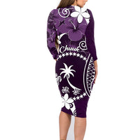 FSM Chuuk Family Matching Long Sleeve Bodycon Dress and Hawaiian Shirt Turtle Tropical Flowers Polynesian - Purple