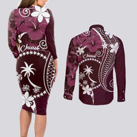 FSM Chuuk Couples Matching Long Sleeve Bodycon Dress and Long Sleeve Button Shirt Turtle Tropical Flowers Polynesian - Pink