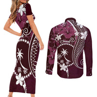 FSM Chuuk Couples Matching Short Sleeve Bodycon Dress and Long Sleeve Button Shirt Turtle Tropical Flowers Polynesian - Pink
