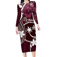 FSM Chuuk Family Matching Long Sleeve Bodycon Dress and Hawaiian Shirt Turtle Tropical Flowers Polynesian - Pink