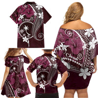 FSM Chuuk Family Matching Off Shoulder Short Dress and Hawaiian Shirt Turtle Tropical Flowers Polynesian - Pink