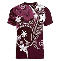FSM Chuuk Women V-Neck T-Shirt Turtle Tropical Flowers Polynesian - Pink