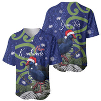 Personalized New Zealand Pukeko Christmas Baseball Jersey Meri Kirihimete Taniko Ponga Koru Blue - Polynesian Pride