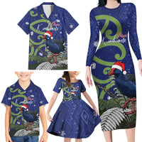 Personalized New Zealand Pukeko Christmas Family Matching Long Sleeve Bodycon Dress and Hawaiian Shirt Meri Kirihimete Taniko Ponga Koru Blue - Polynesian Pride