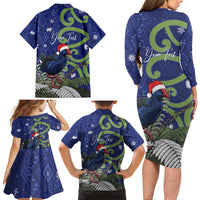 Personalized New Zealand Pukeko Christmas Family Matching Long Sleeve Bodycon Dress and Hawaiian Shirt Meri Kirihimete Taniko Ponga Koru Blue - Polynesian Pride