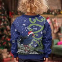 Personalized New Zealand Pukeko Christmas Kid Ugly Christmas Sweater Meri Kirihimete Taniko Ponga Koru Blue - Polynesian Pride