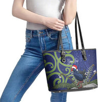 Personalized New Zealand Pukeko Christmas Leather Tote Bag Meri Kirihimete Taniko Ponga Koru Blue - Polynesian Pride