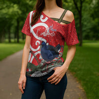 Personalized New Zealand Pukeko Christmas Cross Shoulder Shirt Meri Kirihimete Taniko Ponga Koru Red - Polynesian Pride