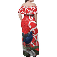 Personalized New Zealand Pukeko Christmas Family Matching Off Shoulder Maxi Dress and Hawaiian Shirt Meri Kirihimete Taniko Ponga Koru Red - Polynesian Pride
