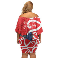 Personalized New Zealand Pukeko Christmas Family Matching Off Shoulder Short Dress and Hawaiian Shirt Meri Kirihimete Taniko Ponga Koru Red - Polynesian Pride