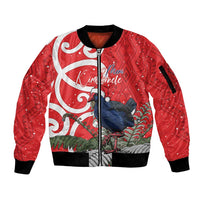 Personalized New Zealand Pukeko Christmas Sleeve Zip Bomber Jacket Meri Kirihimete Taniko Ponga Koru Red - Polynesian Pride