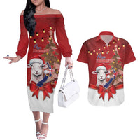 Personalized New Zealand Sheep Christmas Couples Matching Off The Shoulder Long Sleeve Dress and Hawaiian Shirt Hipi Meri Kirihimete Silver Fern Xmas Tree - Polynesian Pride