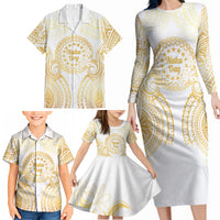 Cook Islands Gospel Day Family Matching Long Sleeve Bodycon Dress and Hawaiian Shirt Happy Nuku Day Tiare Maori Gold