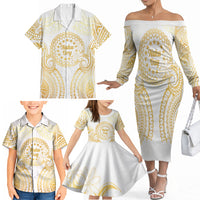 Cook Islands Gospel Day Family Matching Off The Shoulder Long Sleeve Dress and Hawaiian Shirt Happy Nuku Day Tiare Maori Gold