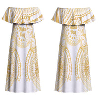 Cook Islands Gospel Day Family Matching Off Shoulder Maxi Dress and Hawaiian Shirt Happy Nuku Day Tiare Maori Gold