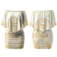 Cook Islands Gospel Day Family Matching Off Shoulder Short Dress and Hawaiian Shirt Happy Nuku Day Tiare Maori Gold