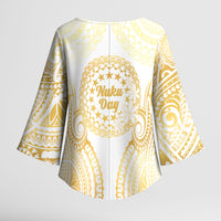 Cook Islands Gospel Day Kimono Sleeve Blouse Happy Nuku Day Tiare Maori Gold