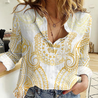 Cook Islands Gospel Day Women Casual Shirt Happy Nuku Day Tiare Maori Gold