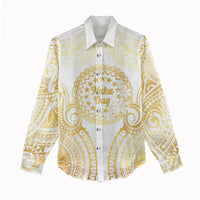 Cook Islands Gospel Day Women Casual Shirt Happy Nuku Day Tiare Maori Gold
