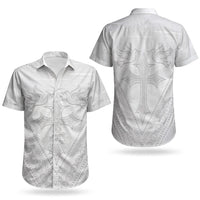 Peniamina Gospel Day Niue Couples Matching Short Sleeve Bodycon Dress and Hawaiian Shirt Cross Dove Hiapo Pattern White