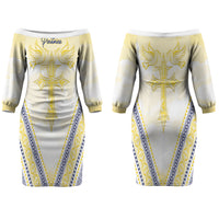Peniamina Gospel Day Niue Couples Matching Off The Shoulder Long Sleeve Dress and Long Sleeve Button Shirt Cross Dove Hiapo Pattern Yellow