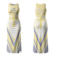 Peniamina Gospel Day Niue Couples Matching Tank Maxi Dress and Hawaiian Shirt Cross Dove Hiapo Pattern Yellow