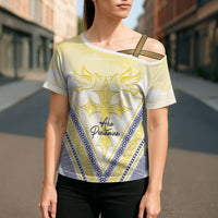 Peniamina Gospel Day Niue Cross Shoulder Shirt Cross Dove Hiapo Pattern Yellow