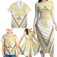 Peniamina Gospel Day Niue Family Matching Long Sleeve Bodycon Dress and Hawaiian Shirt Cross Dove Hiapo Pattern Yellow