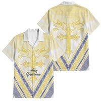 Peniamina Gospel Day Niue Family Matching Long Sleeve Bodycon Dress and Hawaiian Shirt Cross Dove Hiapo Pattern Yellow