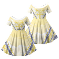 Peniamina Gospel Day Niue Family Matching Long Sleeve Bodycon Dress and Hawaiian Shirt Cross Dove Hiapo Pattern Yellow
