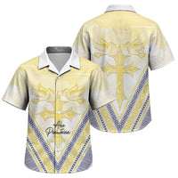 Peniamina Gospel Day Niue Family Matching Long Sleeve Bodycon Dress and Hawaiian Shirt Cross Dove Hiapo Pattern Yellow