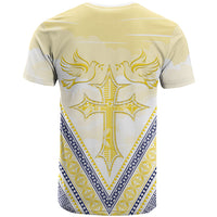 Peniamina Gospel Day Niue T Shirt Cross Dove Hiapo Pattern Yellow