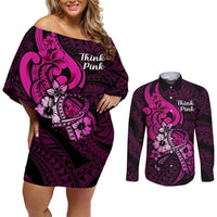 Personalised Polynesia Breast Cancer Awareness Couples Matching Off Shoulder Short Dress and Long Sleeve Button Shirts Think Pink Polynesian Ribbon Black Version LT14 Pink - Polynesian Pride