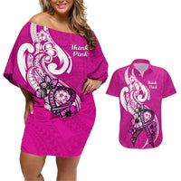 Polynesia Breast Cancer Awareness Couples Matching Off Shoulder Short Dress and Hawaiian Shirt Think Pink Polynesian Ribbon White Version LT14 Pink - Polynesian Pride