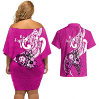 Polynesia Breast Cancer Awareness Couples Matching Off Shoulder Short Dress and Hawaiian Shirt Think Pink Polynesian Ribbon White Version LT14 - Polynesian Pride