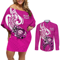 Personalised Polynesia Breast Cancer Awareness Couples Matching Off Shoulder Short Dress and Long Sleeve Button Shirts Think Pink Polynesian Ribbon White Version LT14 Pink - Polynesian Pride