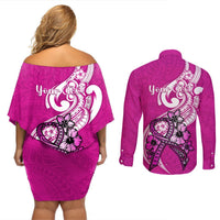 Personalised Polynesia Breast Cancer Awareness Couples Matching Off Shoulder Short Dress and Long Sleeve Button Shirts Think Pink Polynesian Ribbon White Version LT14 - Polynesian Pride