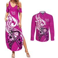 Personalised Polynesia Breast Cancer Awareness Couples Matching Summer Maxi Dress and Long Sleeve Button Shirts Think Pink Polynesian Ribbon White Version LT14 Pink - Polynesian Pride