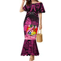Presonalised Tonga Breast Cancer Awareness Family Matching Mermaid Dress and Hawaiian Shirt Pink Ribbon Brave Strong Warrior Tongan Ngatu Pattern LT14 Mom's Dress Pink - Polynesian Pride