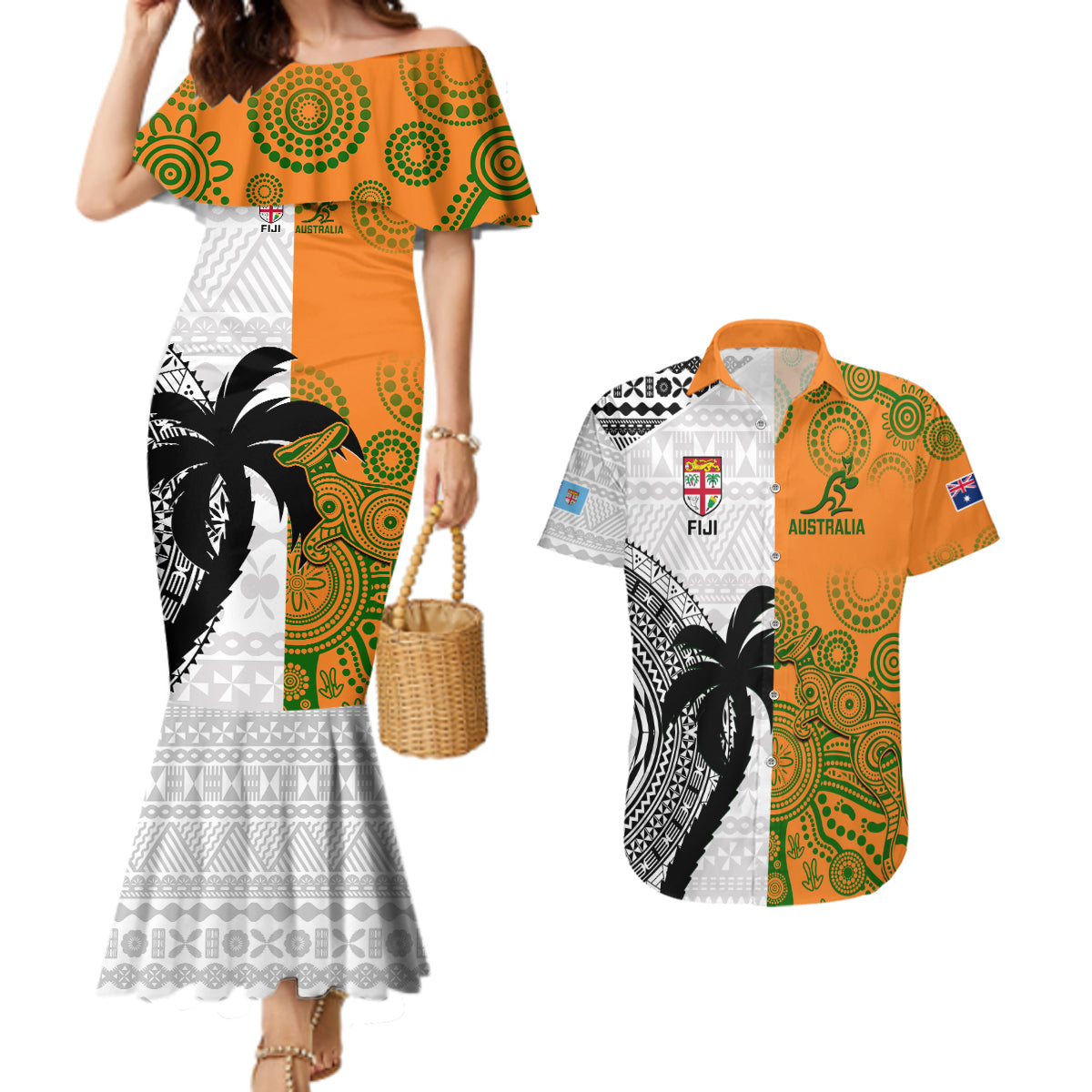 Fiji And Australia Rugby Couples Matching Mermaid Dress and Hawaiian Shirt 2023 World Cup Aboriginal Mix Tapa Pattern LT14 Gold - Polynesian Pride