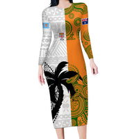 Custom Fiji And Australia Rugby Long Sleeve Bodycon Dress 2023 World Cup Aboriginal Mix Tapa Pattern LT14 Long Dress Gold - Polynesian Pride