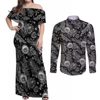 Hawaii Christmas Couples Matching Off Shoulder Maxi Dress and Long Sleeve Button Shirt Tropical Style With Coat Of Arms LT14 Black - Polynesian Pride