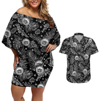 Hawaii Christmas Couples Matching Off Shoulder Short Dress and Hawaiian Shirt Tropical Style With Coat Of Arms LT14 Black - Polynesian Pride