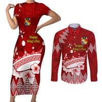 Personalised Tonga King Tupou I Day Couples Matching Short Sleeve Bodycon Dress and Long Sleeve Button Shirt Tongan Ngatu Pattern With Crown LT14 Red - Polynesian Pride